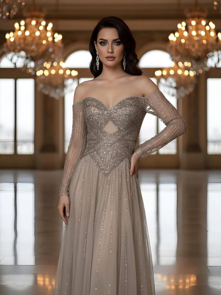 Nove Dress Caramel Beaded Long Sleeve A-Line Evening Dress