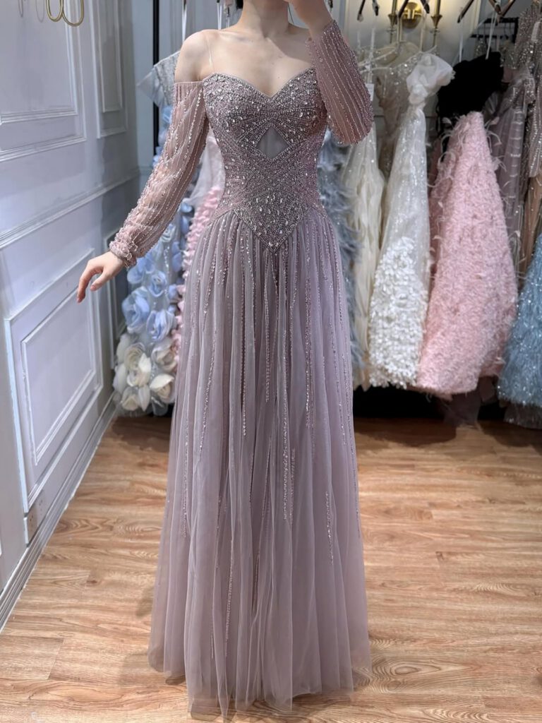 Nove Dress Caramel Beaded Long Sleeve A-Line Evening Dress