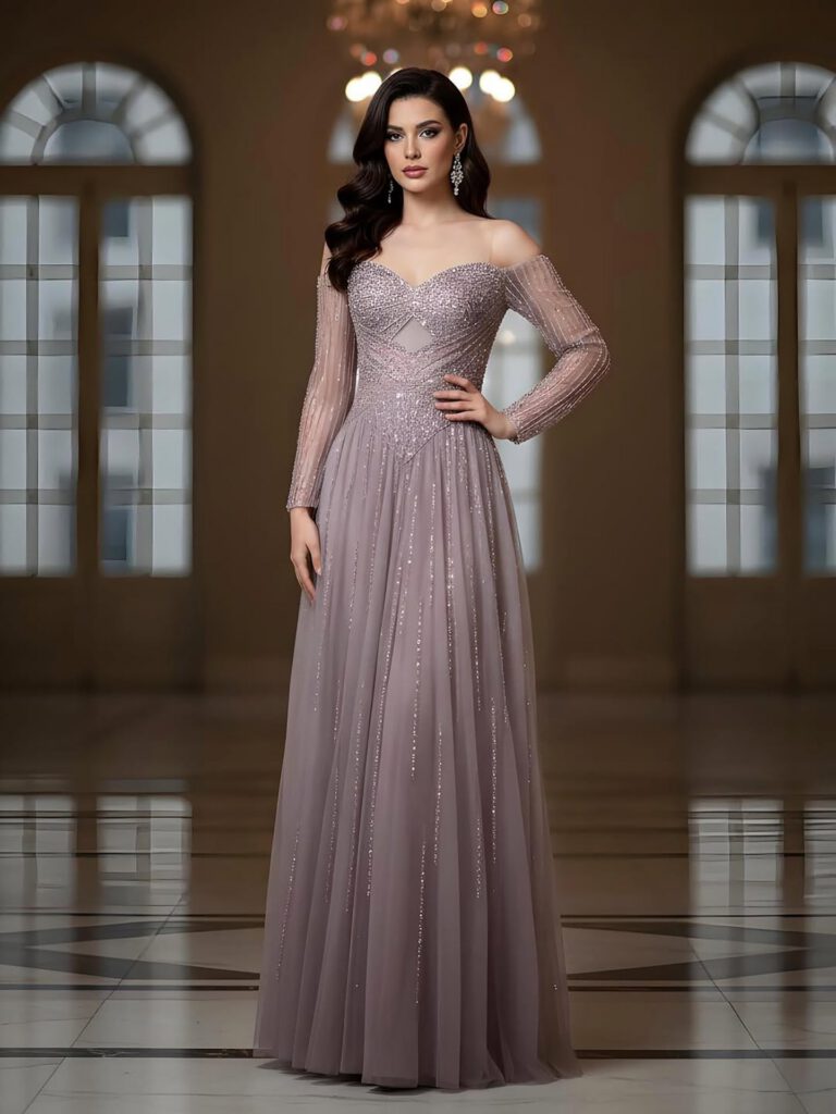 Nove Dress Caramel Beaded Long Sleeve A-Line Evening Dress