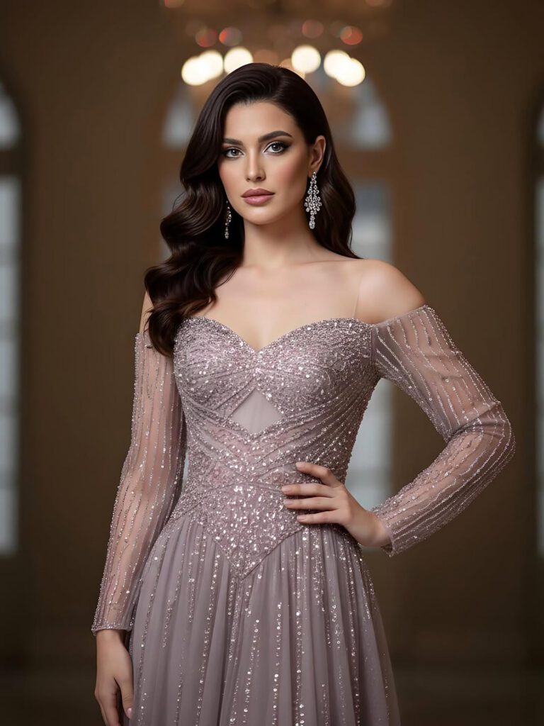 Nove Dress Caramel Beaded Long Sleeve A-Line Evening Dress