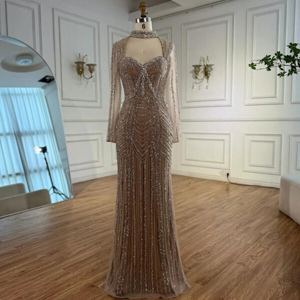 Nove Dress Caramel Beaded Long Sleeve Mermaid Evening Dress 1 - Nove Dress