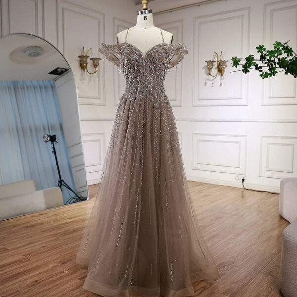 Nove Dress Caramel Beaded Off Shoulder A-Line Arabic Evening Dress 1 - Nove Dress