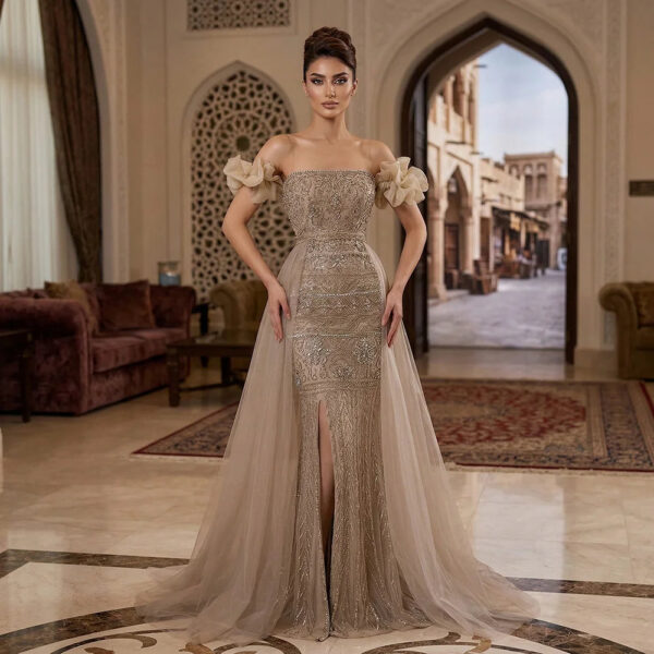 Nove Dress Caramel Beaded Overskirt Evening Dress 1 - Nove Dress