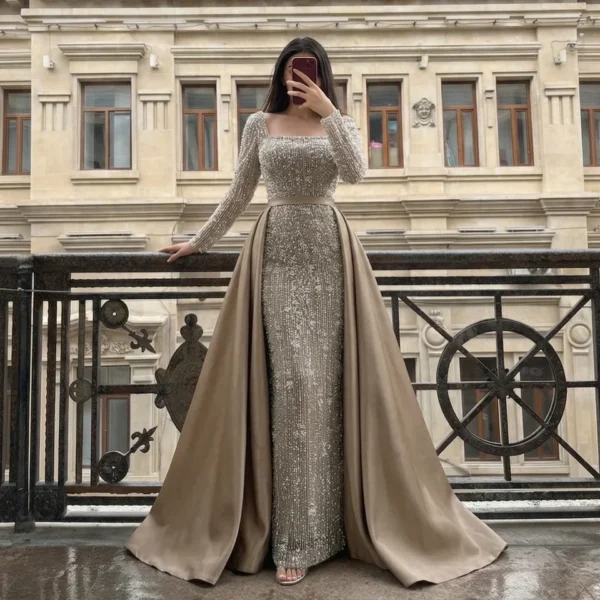 Nove Dress Caramel Beaded Overskirt Mermaid Arabic Evening Dress 1 - Nove Dress