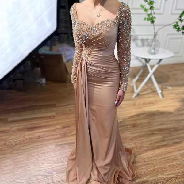 Nove Dress Caramel Beaded Overskirt Mermaid Modest Evening Dress 1 - Nove Dress