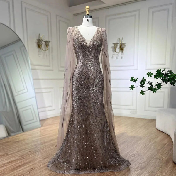 Nove Dress Caramel Beaded Sparkle Cape Sleeve Mermaid Arabic Evening Dress 1 - Nove Dress