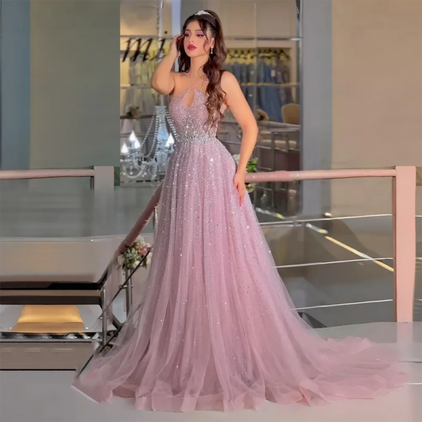 Nove Dress Caramel Beaded Tulle Halter A-Line Arabic Evening Dress 1 - Nove Dress