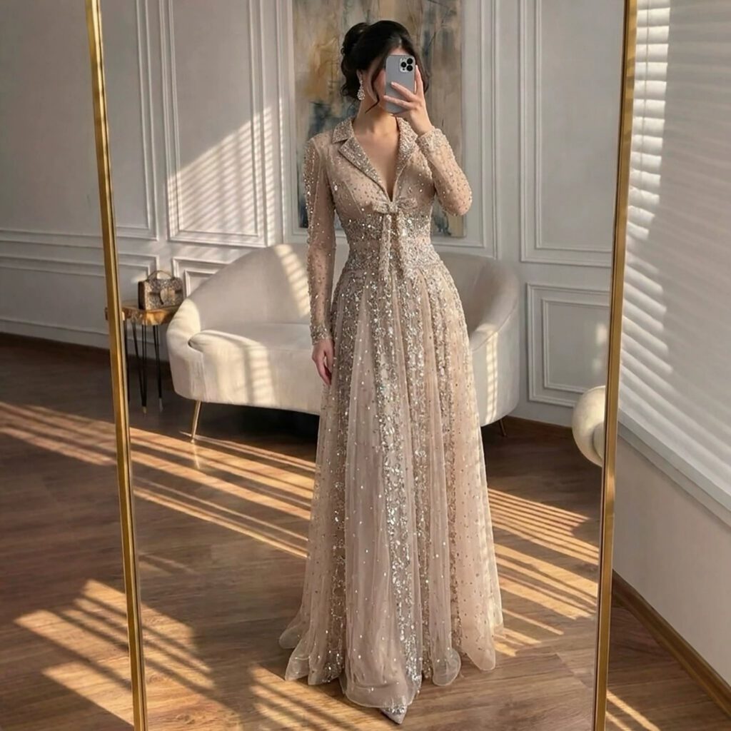 Nove Dress Caramel Beaded V-Neck A-Line Evening Dress