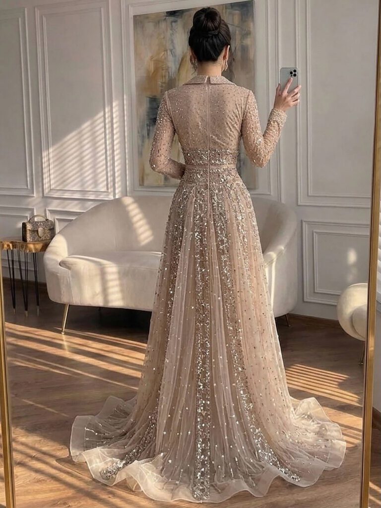 Nove Dress Caramel Beaded V-Neck A-Line Evening Dress