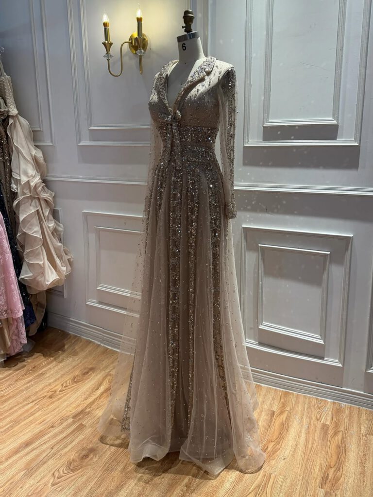 Nove Dress Caramel Beaded V-Neck A-Line Evening Dress