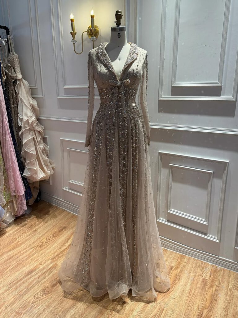Nove Dress Caramel Beaded V-Neck A-Line Evening Dress