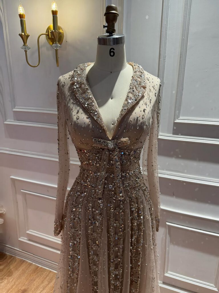Nove Dress Caramel Beaded V-Neck A-Line Evening Dress