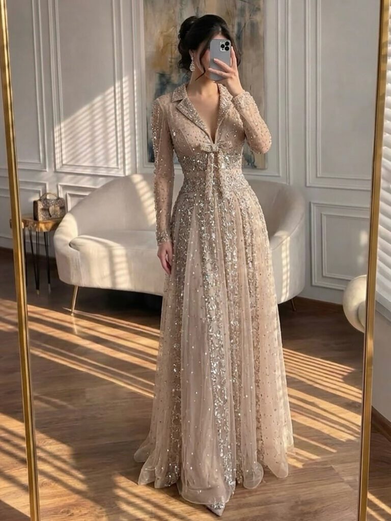 Nove Dress Caramel Beaded V-Neck A-Line Evening Dress