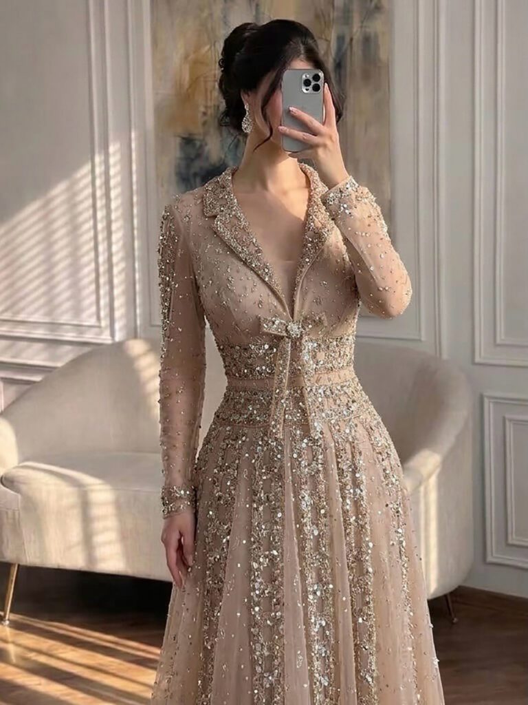 Nove Dress Caramel Beaded V-Neck A-Line Evening Dress