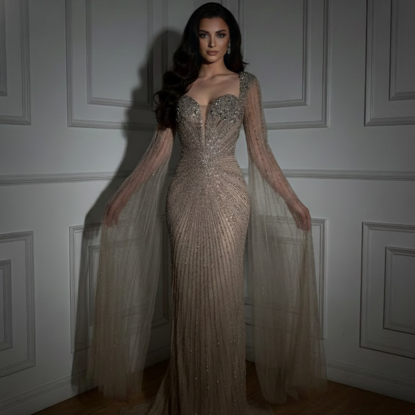 Nove Dress Caramel Crystal Beaded Mermaid Evening Dress - Style LA72575D 1 - Nove Dress