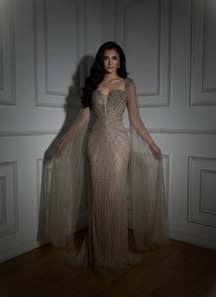 Nove Dress Caramel Crystal Beaded Mermaid Evening Dress - Style