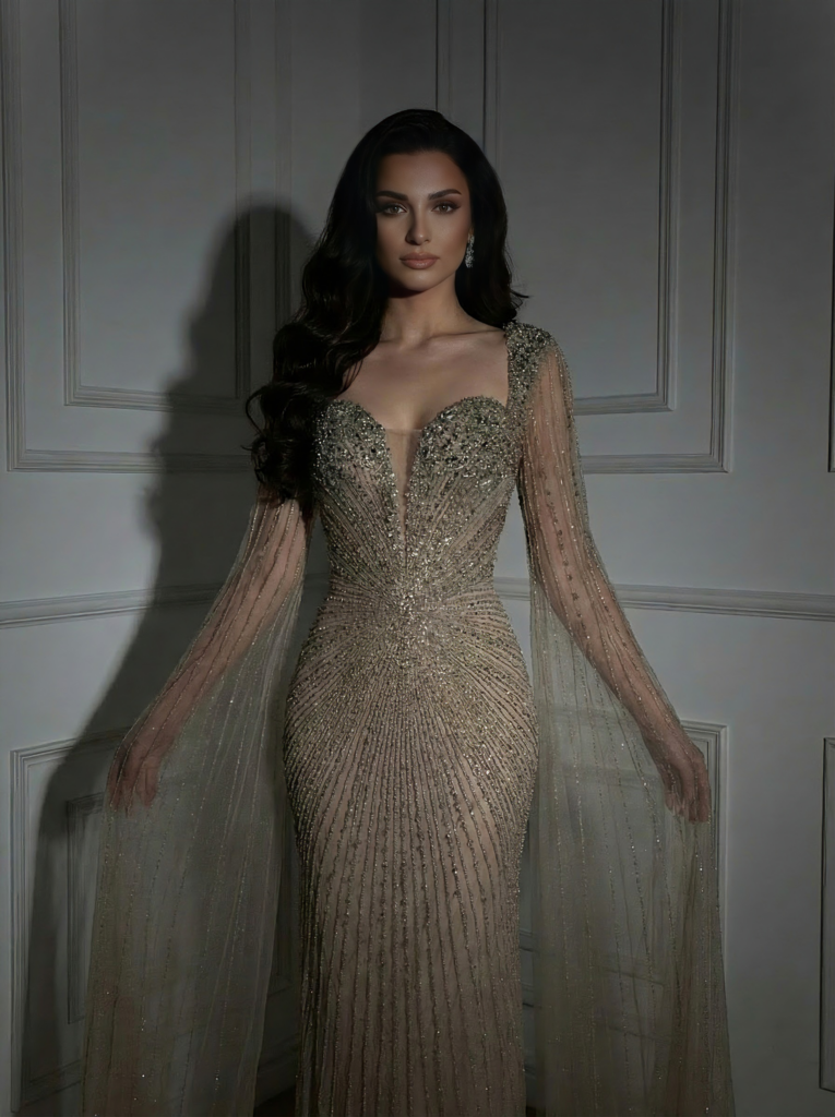Nove Dress Caramel Crystal Beaded Mermaid Evening Dress - Style