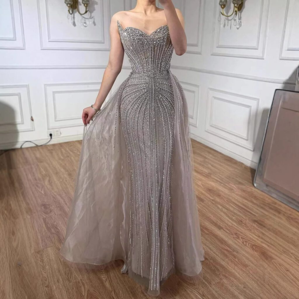 Nove Dress Caramel Crystal Beaded Overskirt Mermaid Evening Dress
