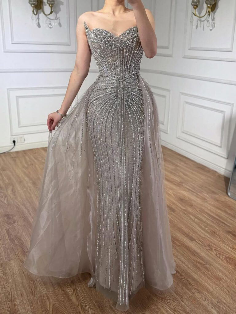 Nove Dress Caramel Crystal Beaded Overskirt Mermaid Evening Dress