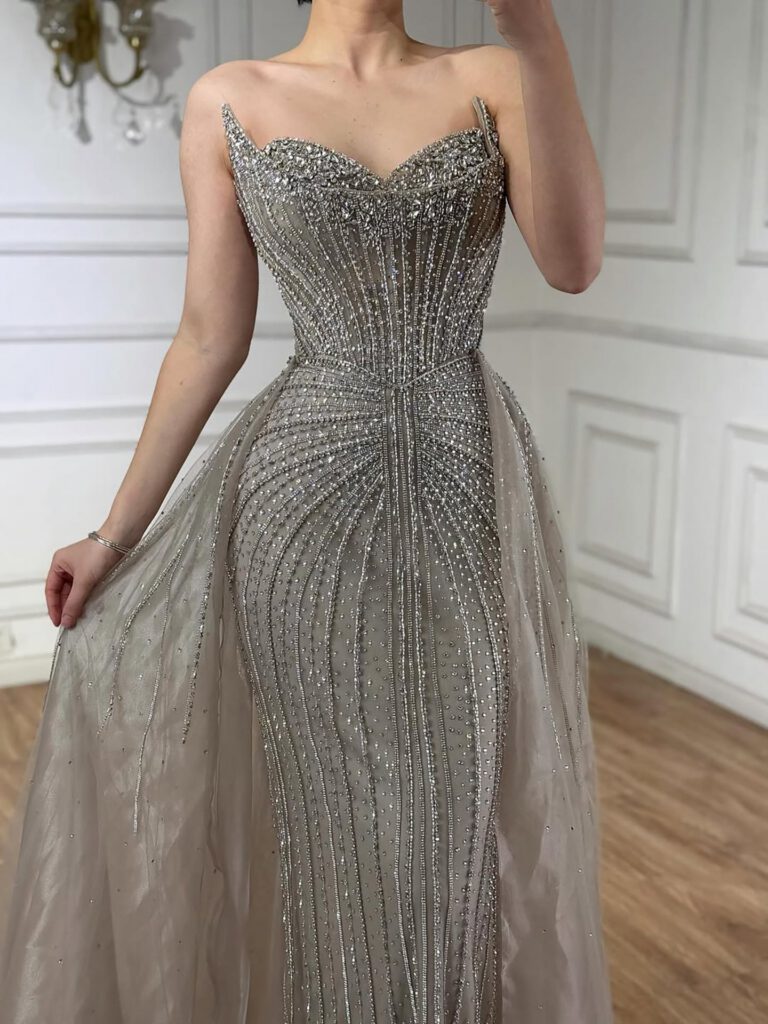 Nove Dress Caramel Crystal Beaded Overskirt Mermaid Evening Dress