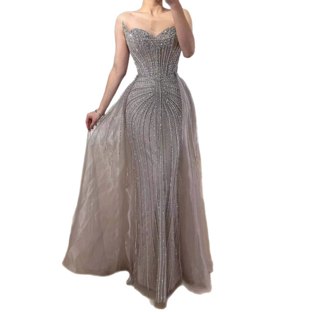 Nove Dress Caramel Crystal Beaded Overskirt Mermaid Evening Dress