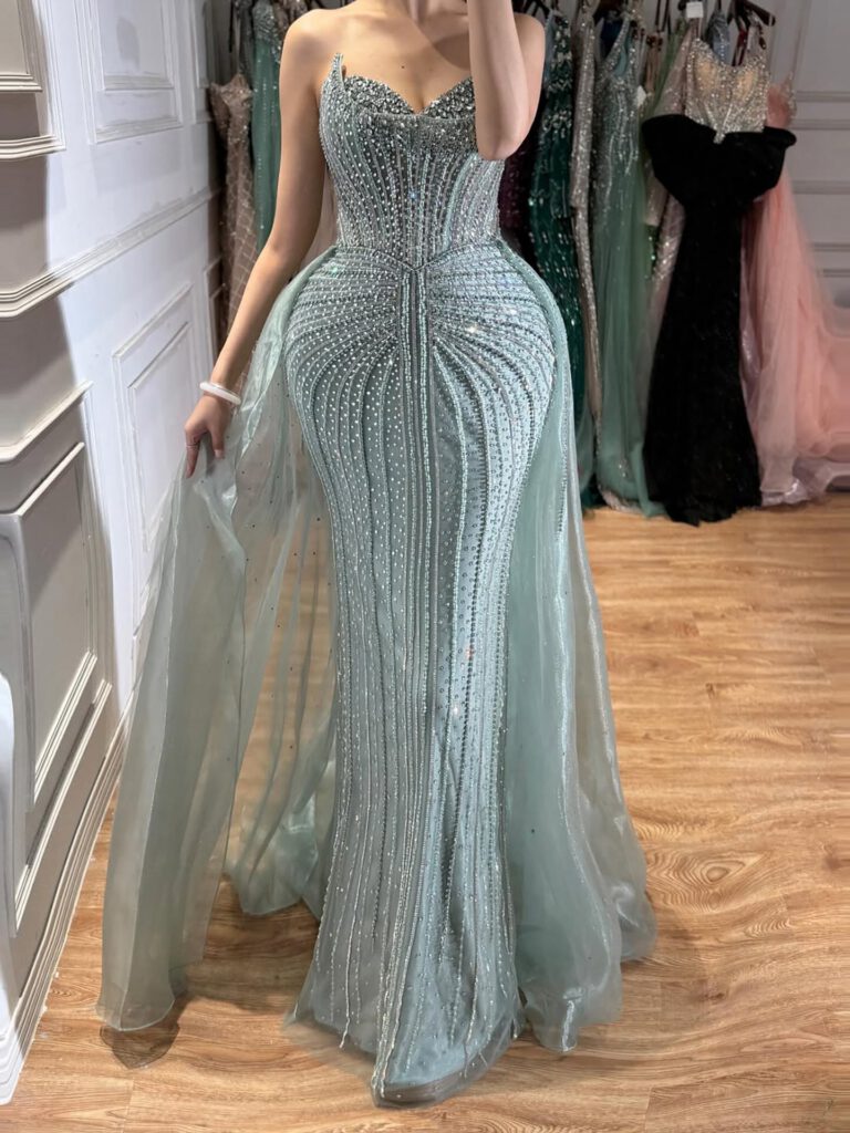 Nove Dress Caramel Crystal Beaded Overskirt Mermaid Evening Dress