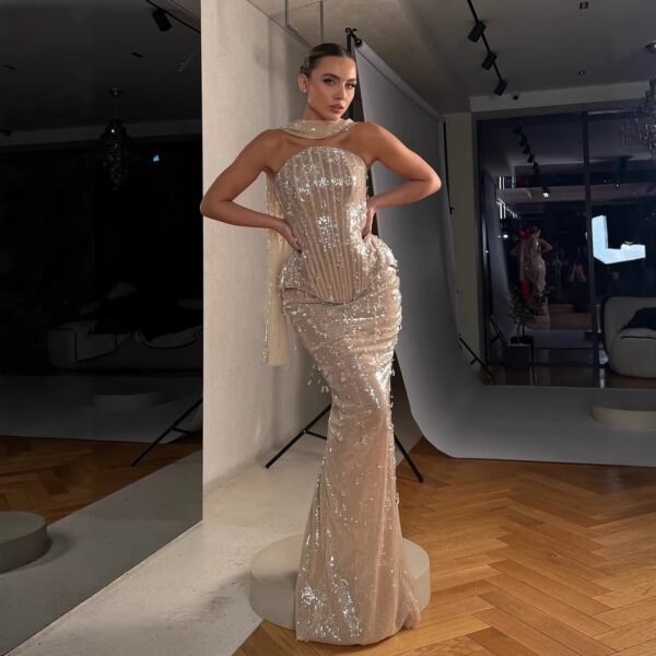 Nove Dress Champagne Beaded Strapless Mermaid Evening Dress 1 - Nove Dress