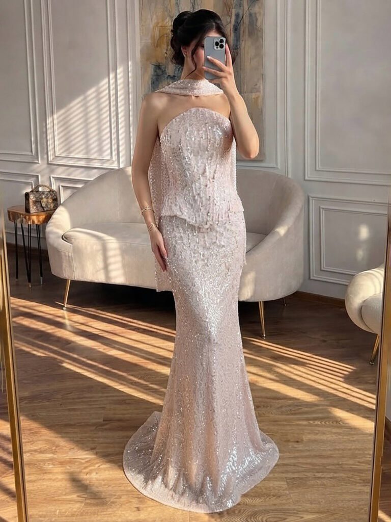 Nove Dress champagner Meerjungfrau Abendkleid mit Perlenstickerei und trägerlosem Schnitt