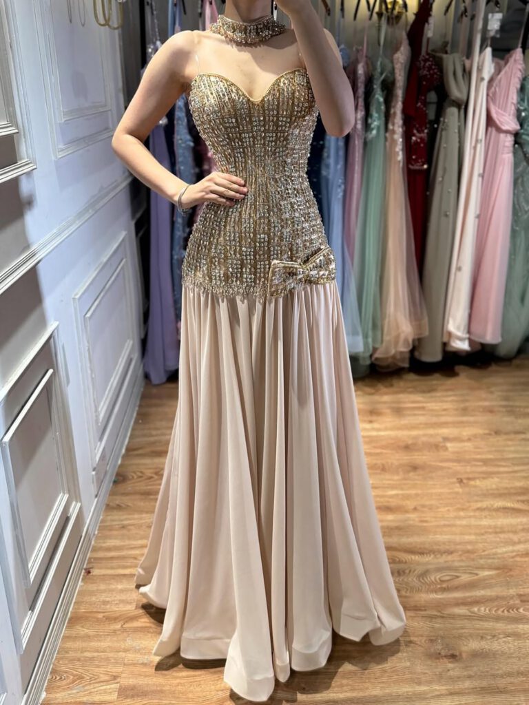 Nove Dress فستان سهرة شامبانيا قصة A-line مطعم بالكريستال