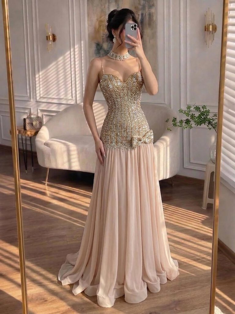 Nove Dress فستان سهرة شامبانيا قصة A-line مطعم بالكريستال