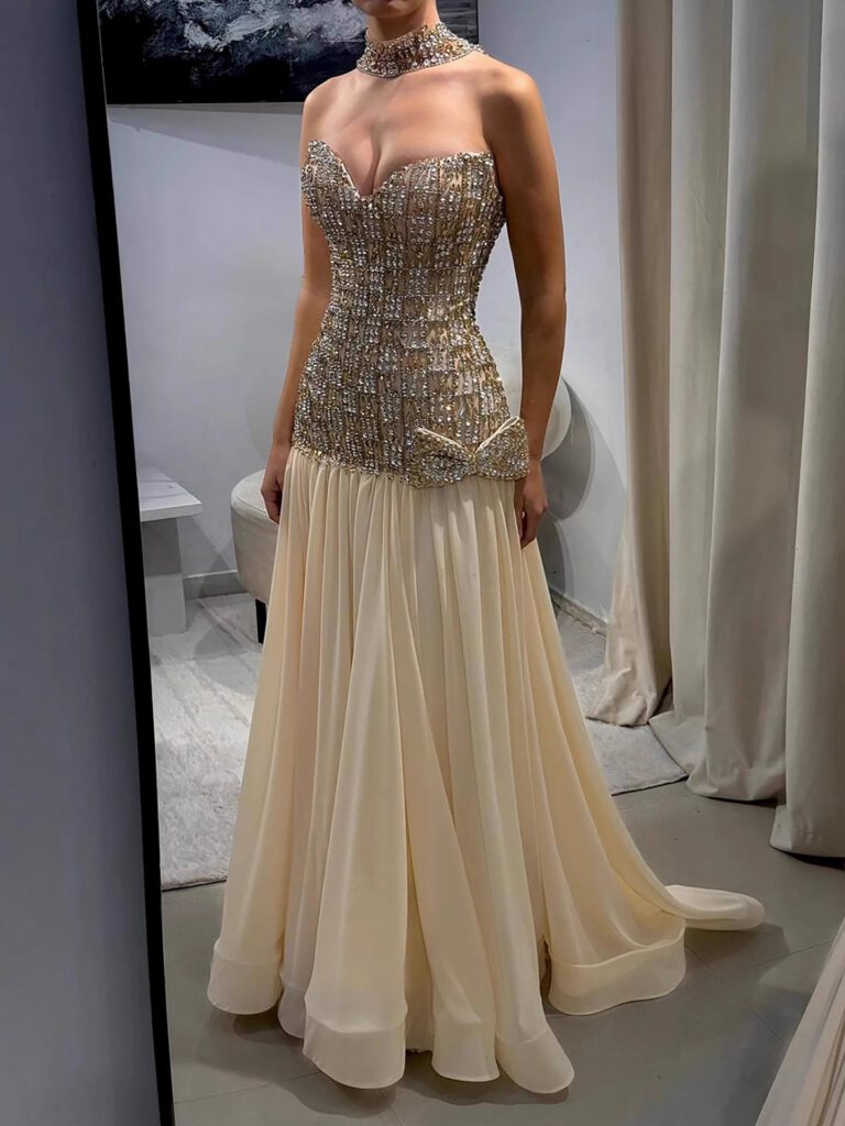 Nove Dress فستان سهرة شامبانيا قصة A-line مطعم بالكريستال