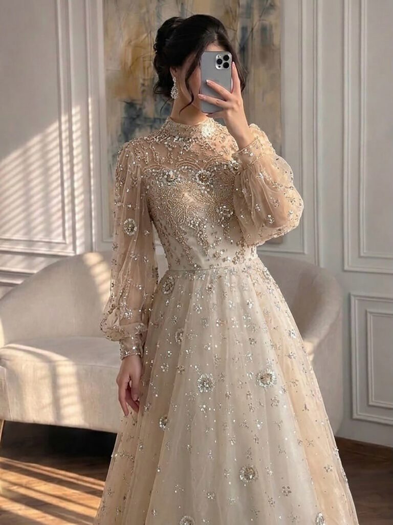 Nove Dress Champagne Long Sleeve Evening Dress