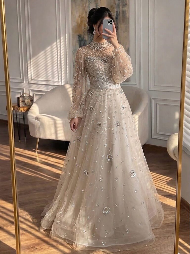 Nove Dress Champagne Long Sleeve Evening Dress