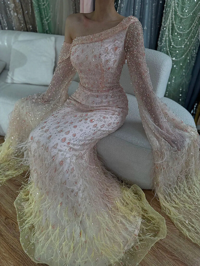 Nove Dress Feather Cape Sleeve One Shoulder Evening Dress