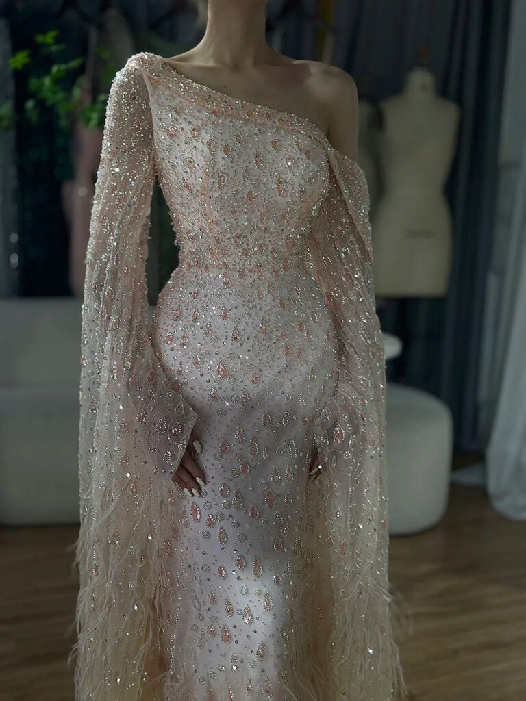 Nove Dress Feather Cape Sleeve One Shoulder Evening Dress