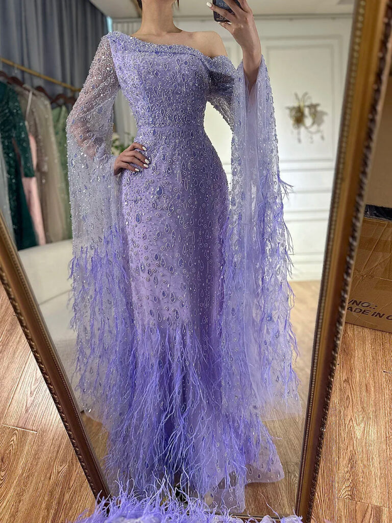 Nove Dress Feather Cape Sleeve One Shoulder Evening Dress
