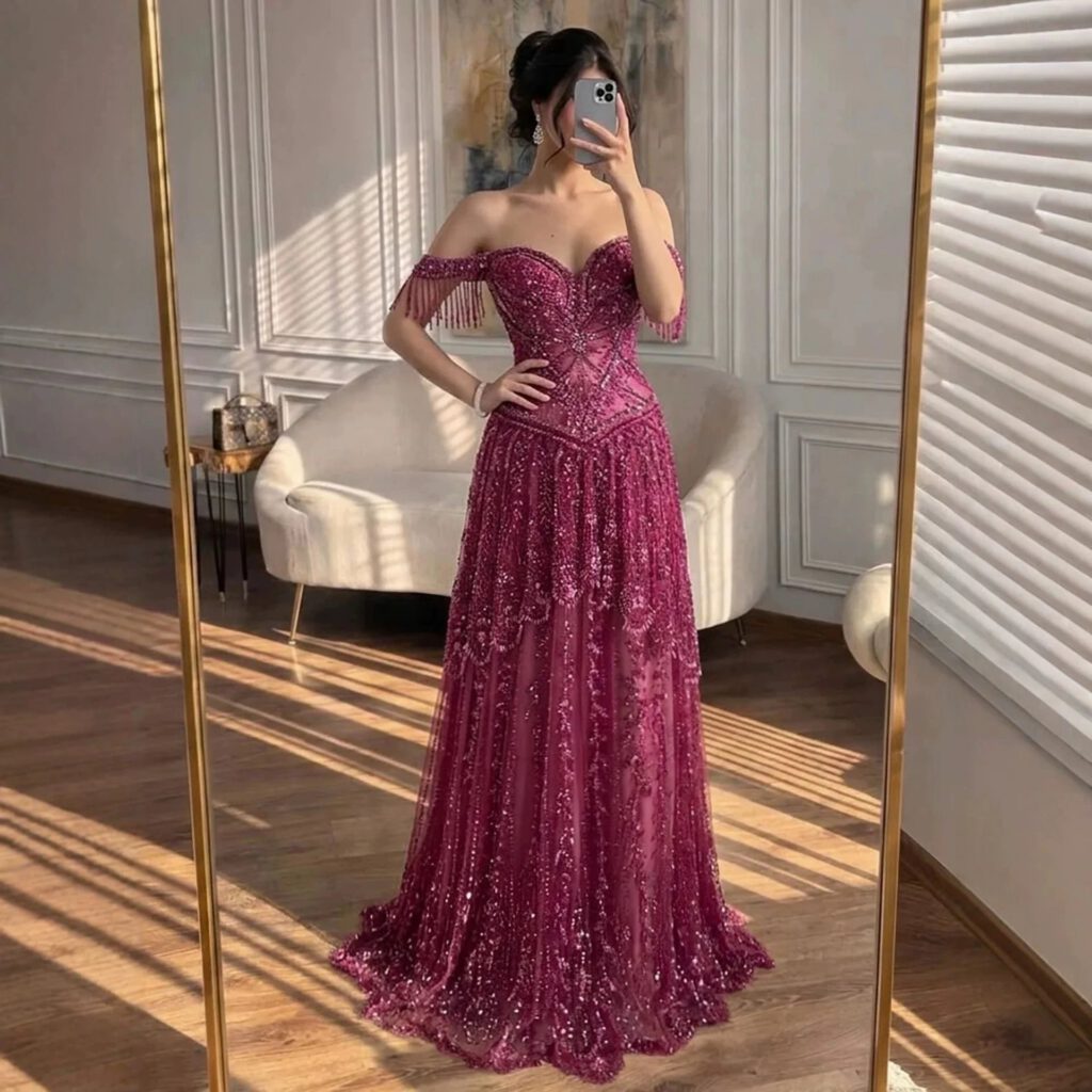 Nove Dress Fuchsia Beaded A-Line Evening Dress