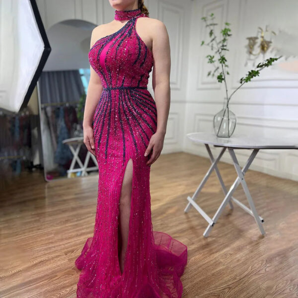 Nove Dress Fuchsia Beaded High Slit Halter Mermaid Evening Dress 1 - Nove Dress