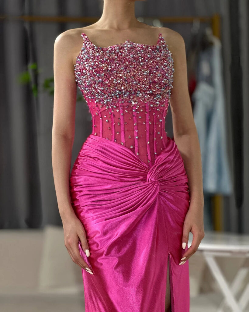 Nove Dress Fuchsia Beaded High Slit Mermaid Arabic Evening Dress