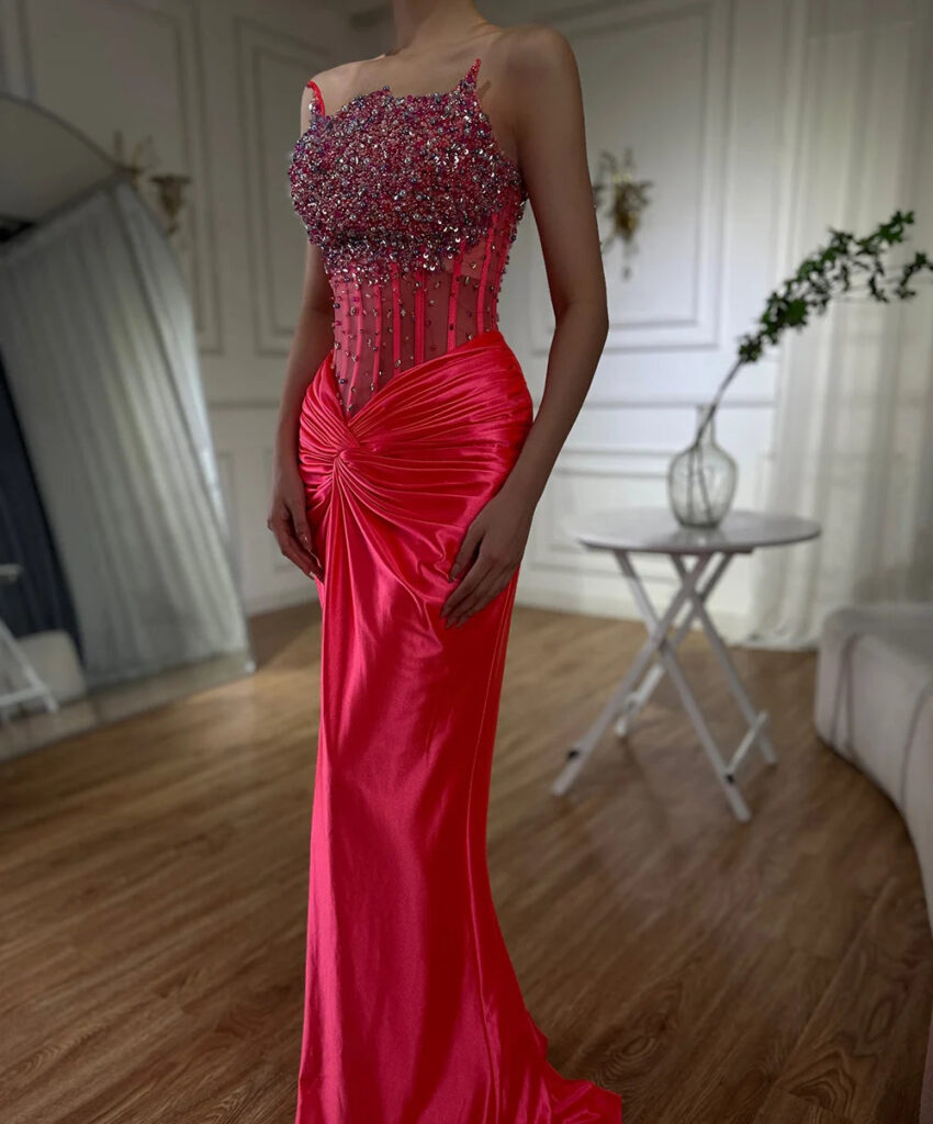 Nove Dress Fuchsia Beaded High Slit Mermaid Arabic Evening Dress