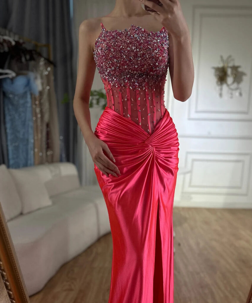 Nove Dress Fuchsia Beaded High Slit Mermaid Arabic Evening Dress