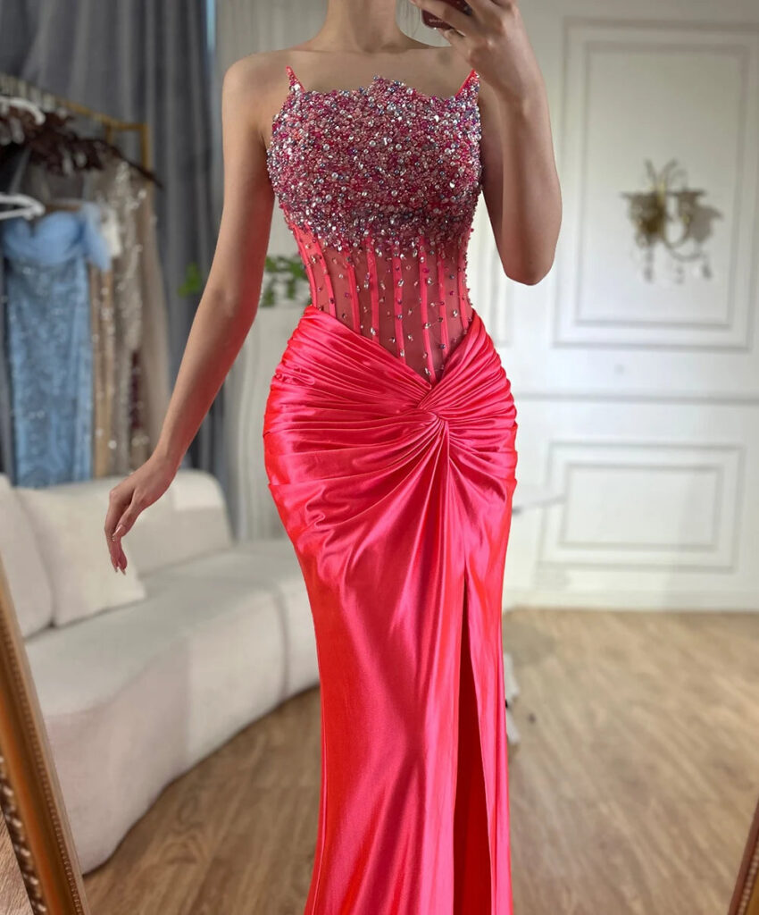 Nove Dress Fuchsia Beaded High Slit Mermaid Arabic Evening Dress
