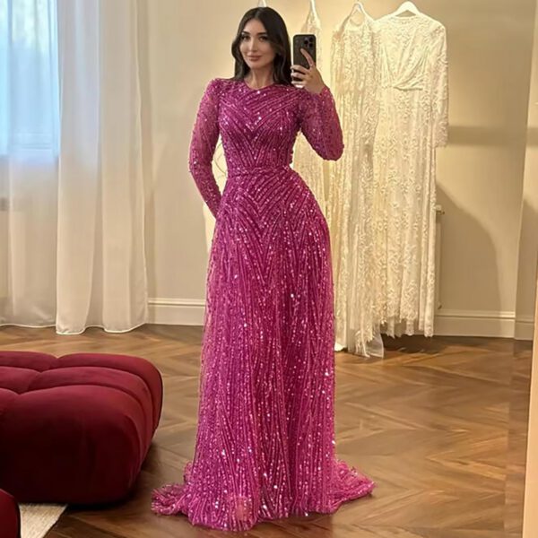Nove Dress Fuchsia Beaded Long Sleeve A-Line Evening Dress 1 - Nove Dress