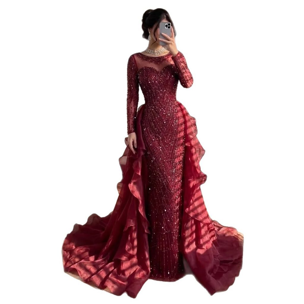 Nove Dress fuchsia Meerjungfrau Abendkleid mit Perlenstickerei und Überrock