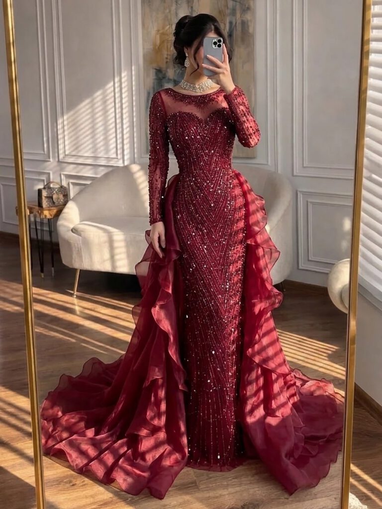 Nove Dress fuchsia Meerjungfrau Abendkleid mit Perlenstickerei und Überrock