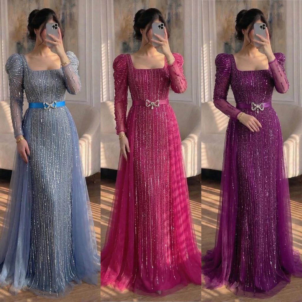 Nove Dress fuchsia Abendkleid mit langen Ärmeln und Überrock
