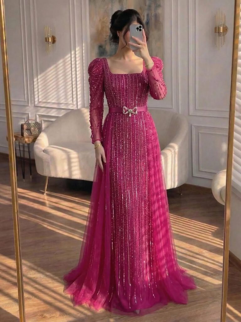 Nove Dress fuchsia Abendkleid mit langen Ärmeln und Überrock
