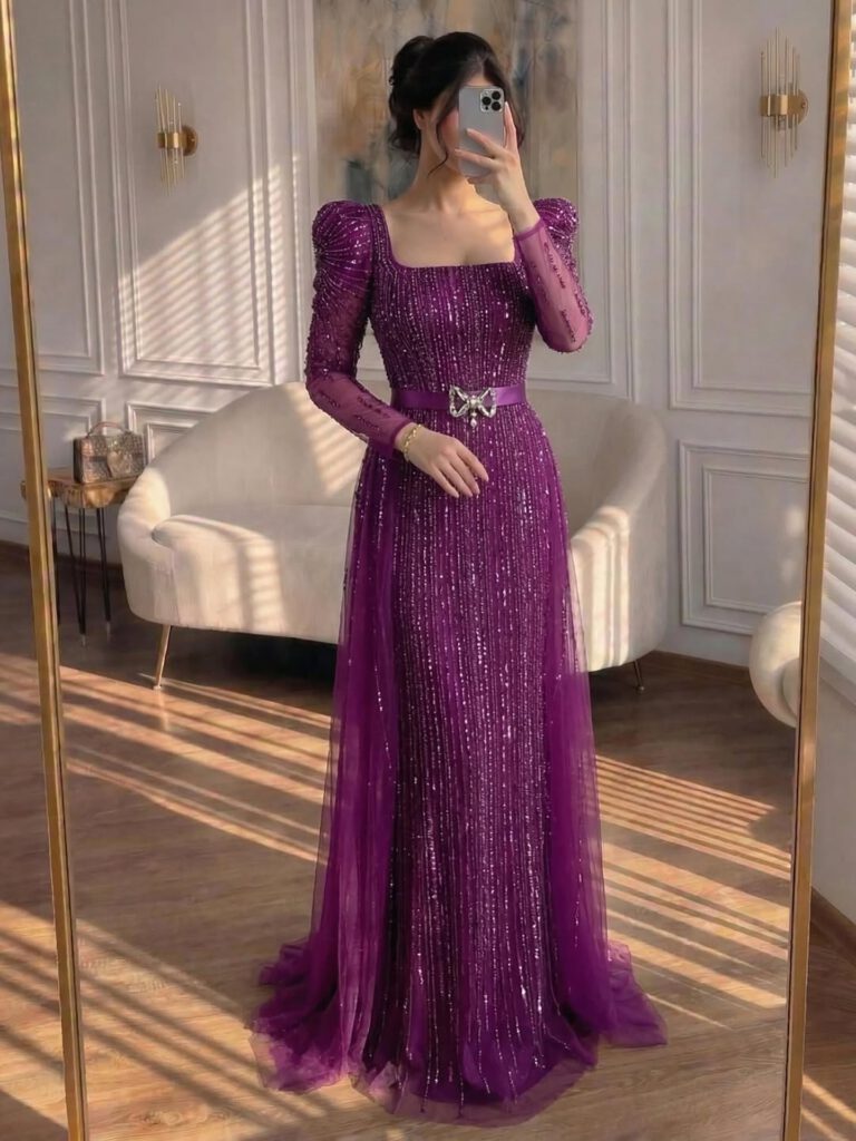 Nove Dress fuchsia Abendkleid mit langen Ärmeln und Überrock