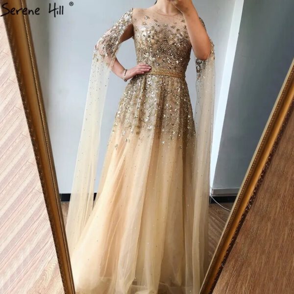 Nove Dress Gold Beaded Cape Sleeve Arabic Evening Dress 1 - Nove Dress