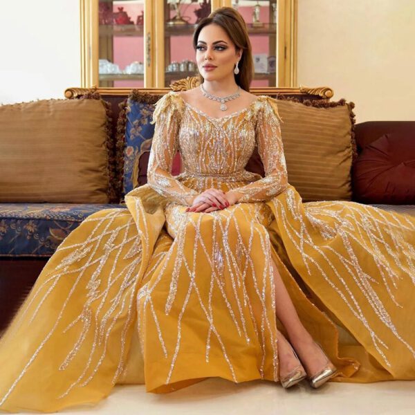 Nove Dress Gold Beaded Overskirt Mermaid Modest Evening Dress 1 - Nove Dress